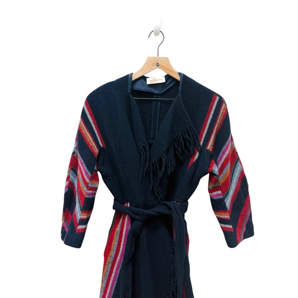 Tory Burch Sample‎ Belted Fringe-trimmed Striped Wool Coat Blue Size Small - Picture 3 of 9
